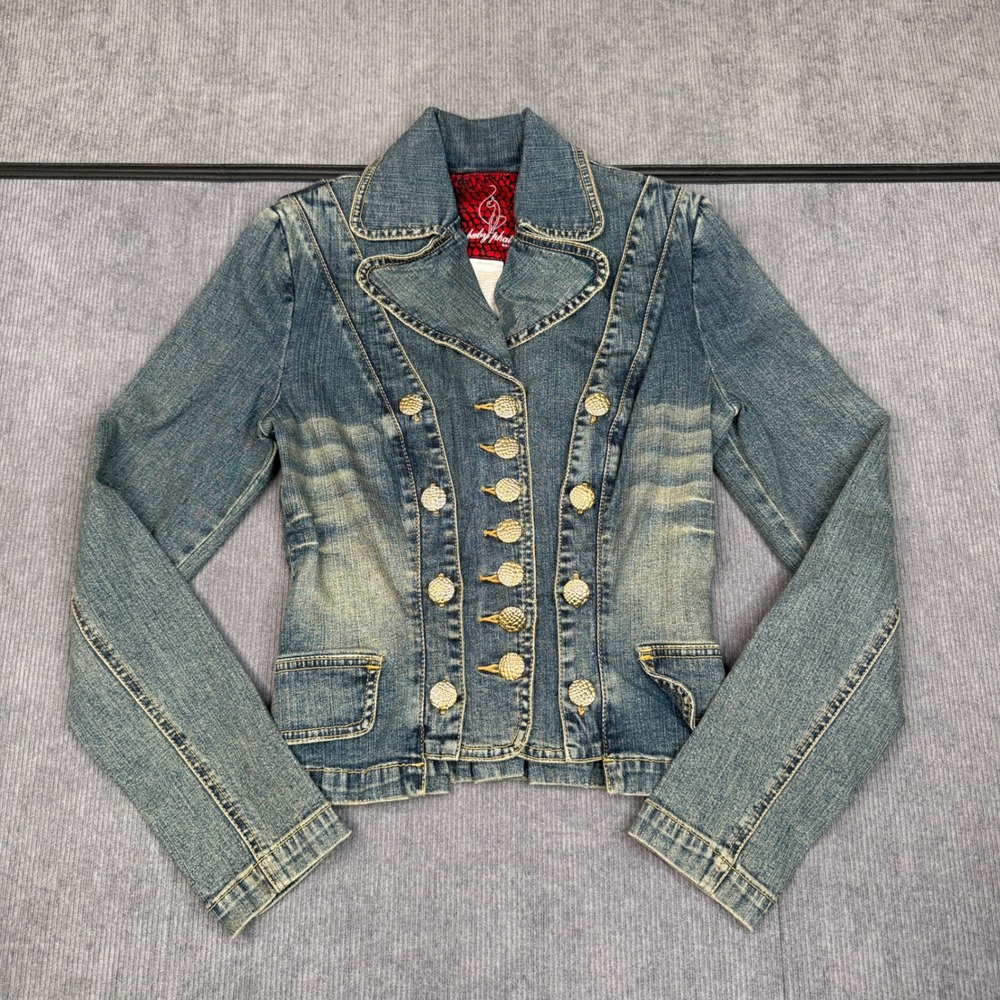 Baby Phat Vintage Denim Jacket Medium Wash Gold Button Embroidered Cat Logo M